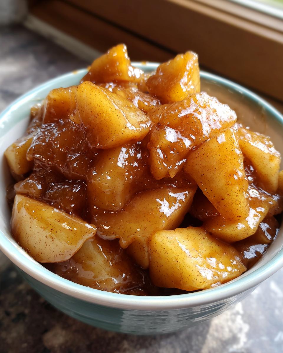 Close-up of chunky, glossy, cinnamon-spiced apple pie filling served in a light blue bowl.