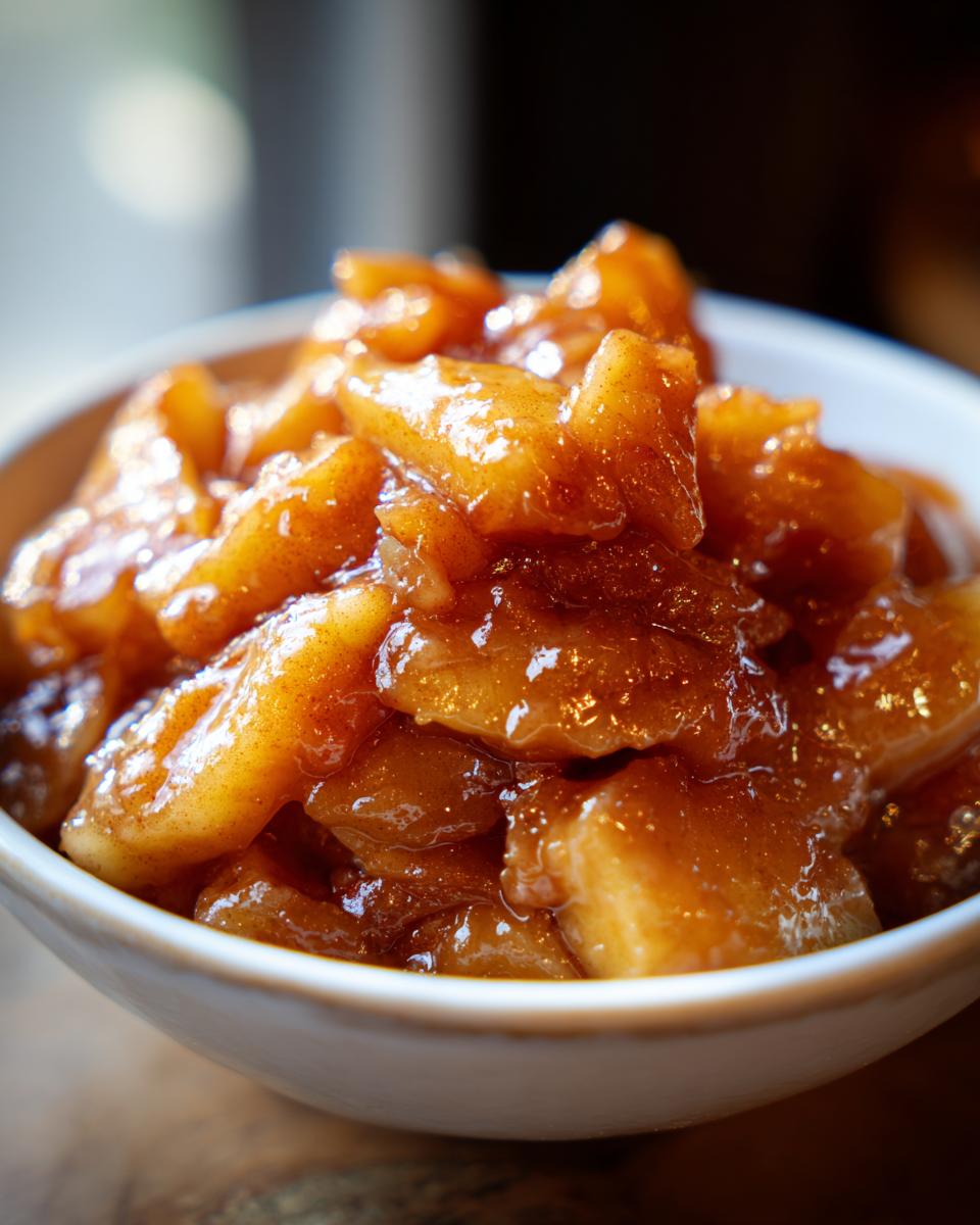 Close-up of thick, glossy, spiced apple pie filling made with cinnamon and sugar in a white bowl.
