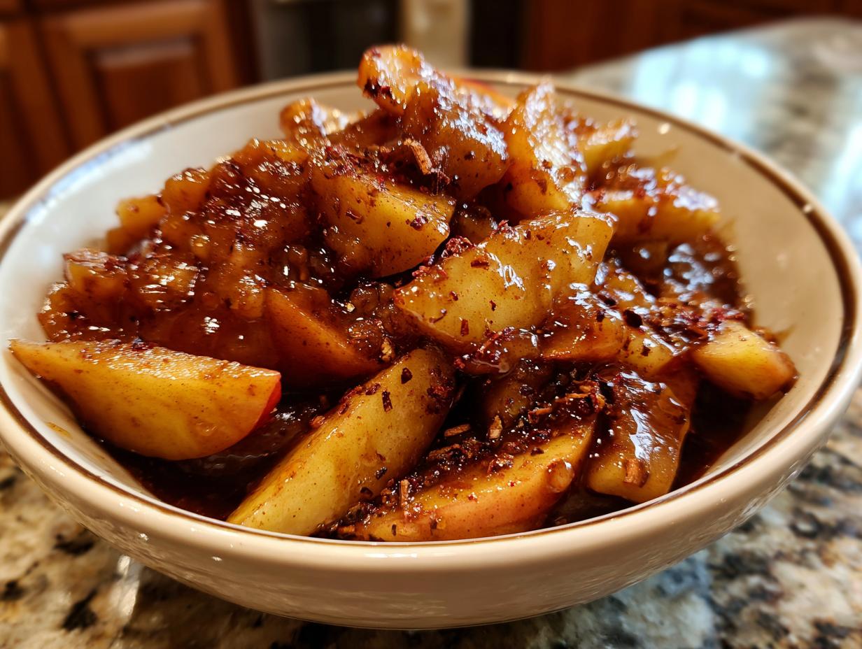 Close-up of thick, spiced, and glossy apple pie filling made from sliced apples in a small white bowl.