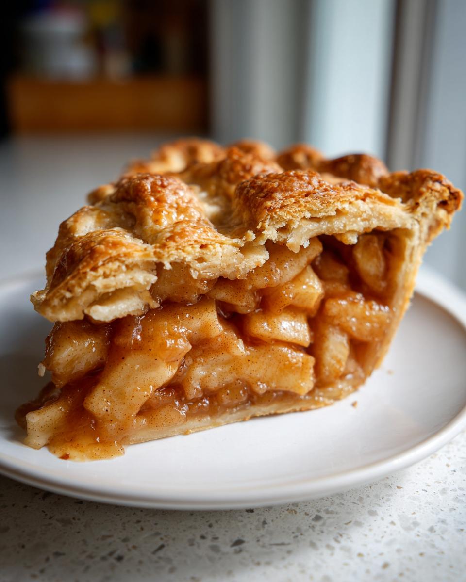 Close-up of a thick slice of amazing apple pie recipe, showing flaky crust and rich cinnamon apple filling.