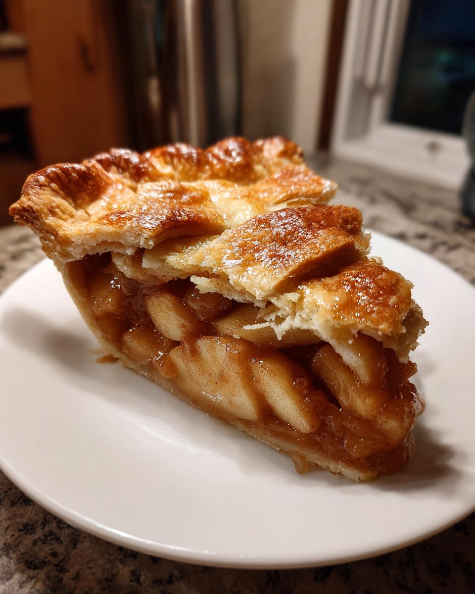 Close-up of a thick slice of amazing apple pie recipe showing caramelized apples and a golden, flaky lattice crust.