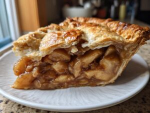 Close-up of a thick slice of amazing apple pie recipe showing gooey cinnamon filling and flaky golden crust.
