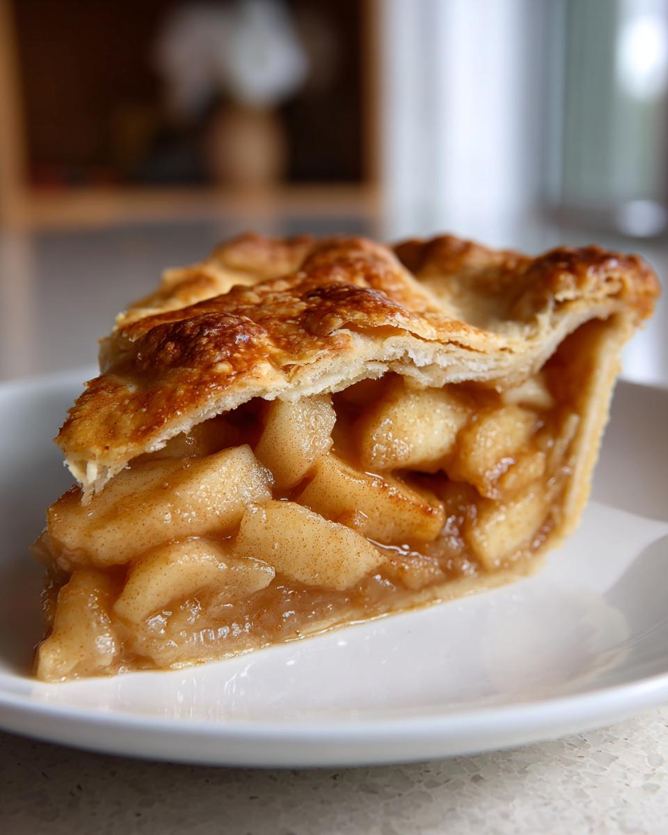 Close-up of a thick slice of apple pie recipe showing tender, cinnamon-spiced apple filling and a flaky crust.