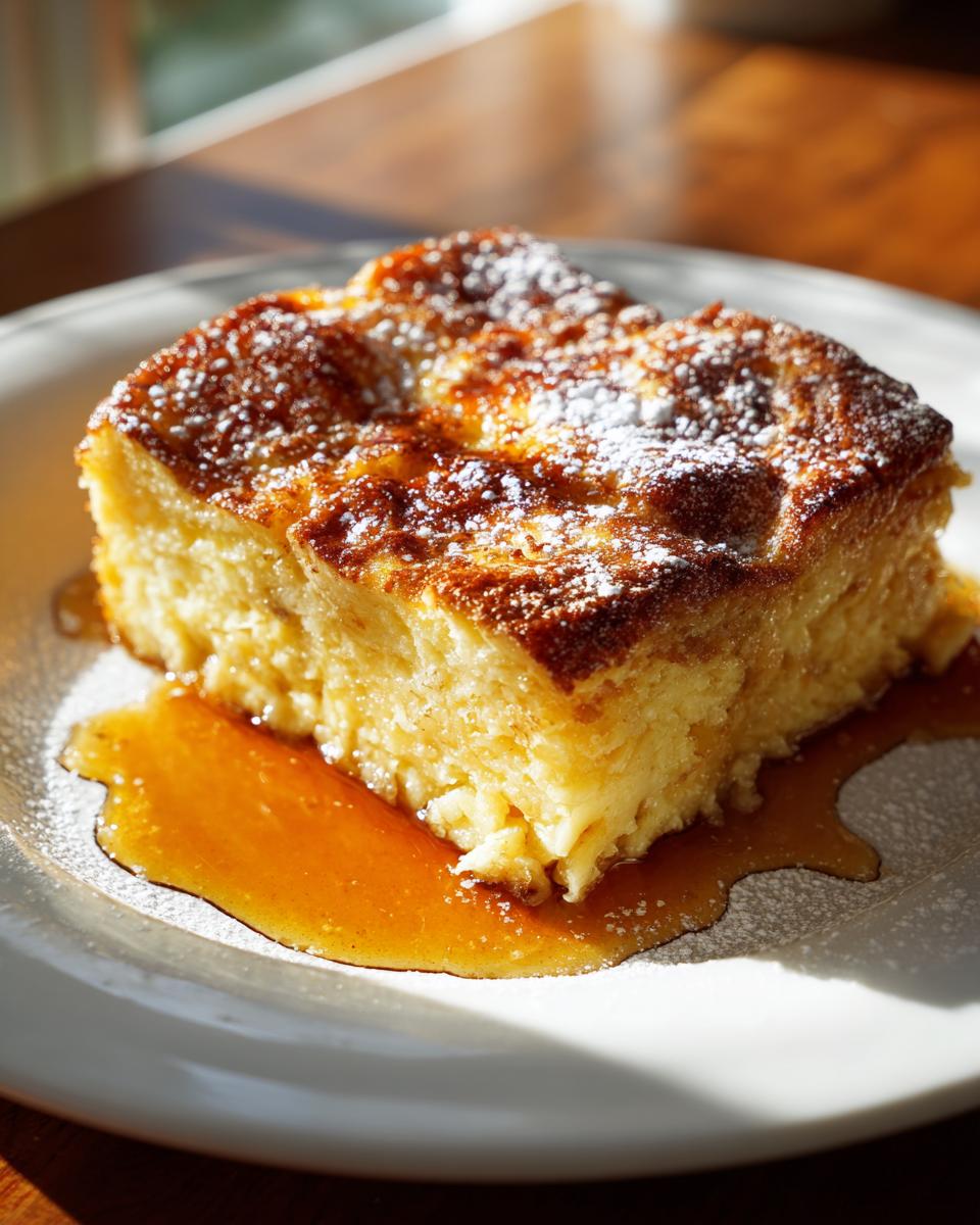 A square serving of golden brown baked french toast, dusted with powdered sugar and sitting in maple syrup.