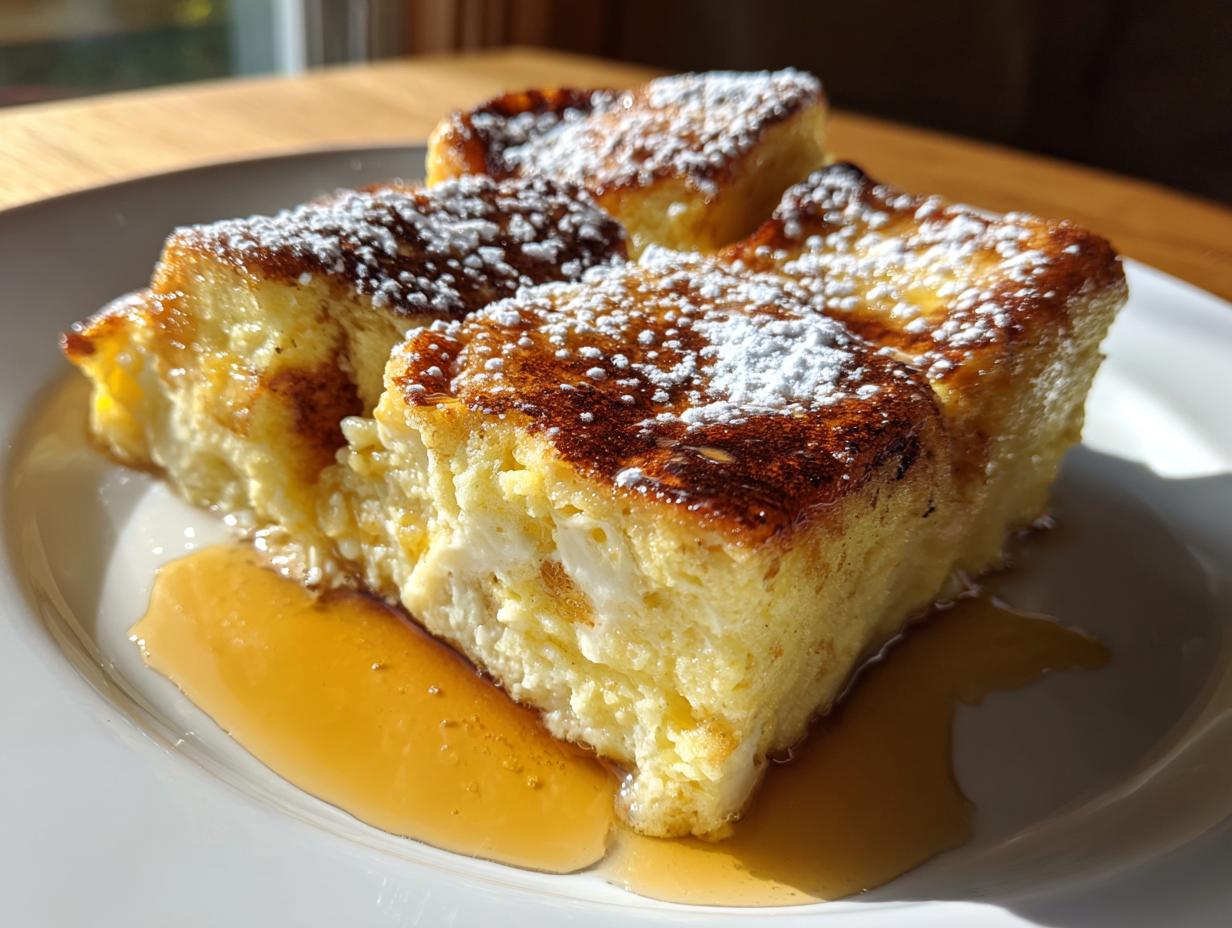 Close-up of thick, fluffy baked french toast squares topped with powdered sugar and syrup.