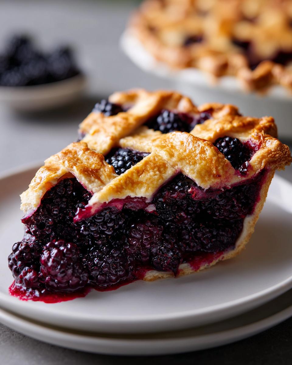 A close-up slice of amazing blackberry pie featuring a lattice crust and rich, juicy filling.