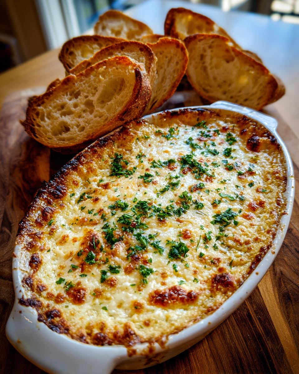 A hot, cheesy baked bread dip topped with parsley, served with toasted baguette slices.