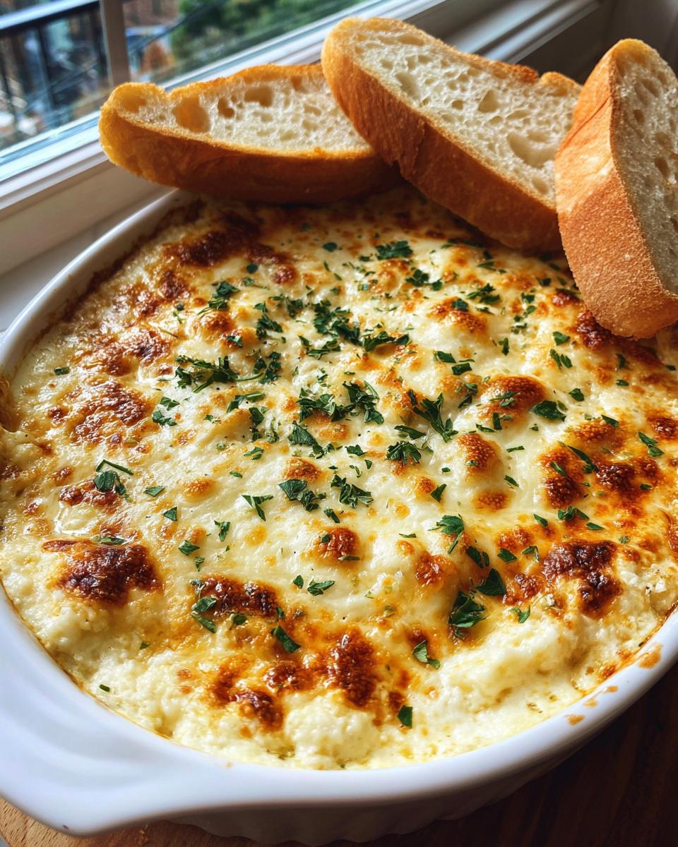 A bubbling, cheesy, baked bread dip topped with parsley, served with slices of toasted baguette.