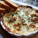 Close-up of a bubbling, cheesy hot bread dip topped with parsley, served with toasted bread slices.