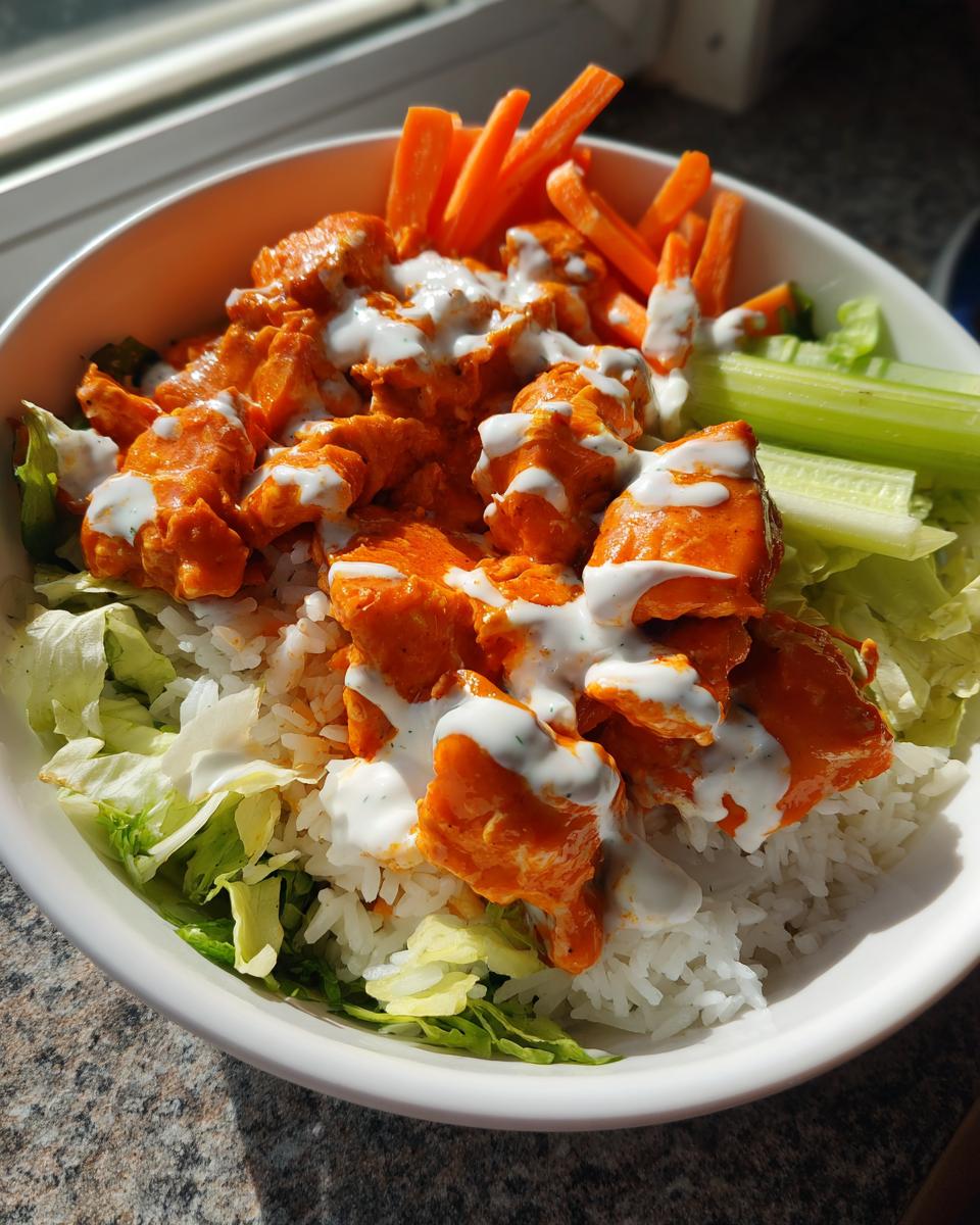 A white bowl filled with rice, lettuce, bright orange buffalo chicken, topped with ranch dressing, carrots, and celery sticks for a buffalo chicken bowl.