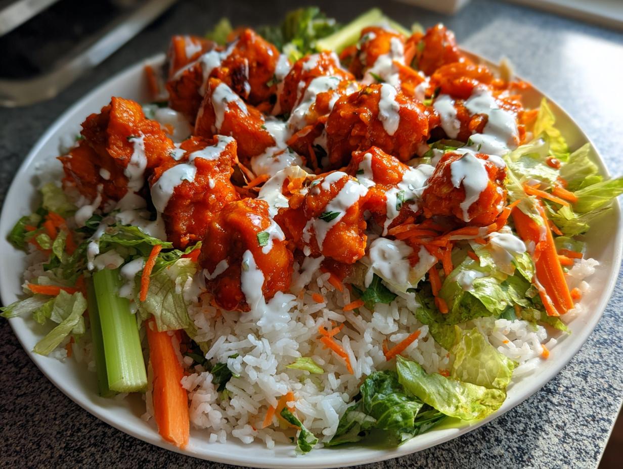 A vibrant buffalo chicken bowl featuring bright orange sauced chicken pieces over rice, lettuce, carrots, celery, and drizzled with ranch dressing.