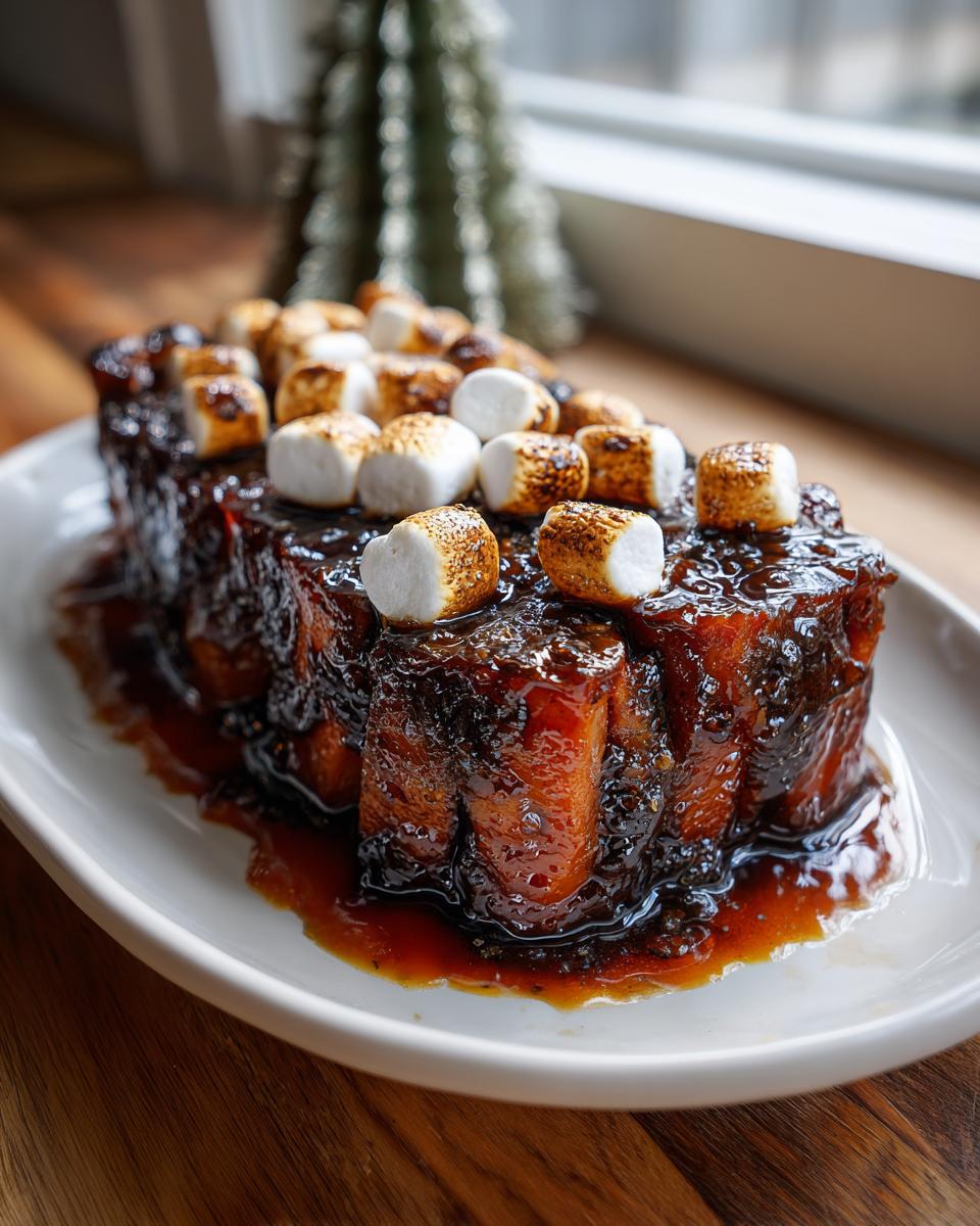 Close-up of rich, glazed candied yams topped with toasted marshmallows on a white platter.