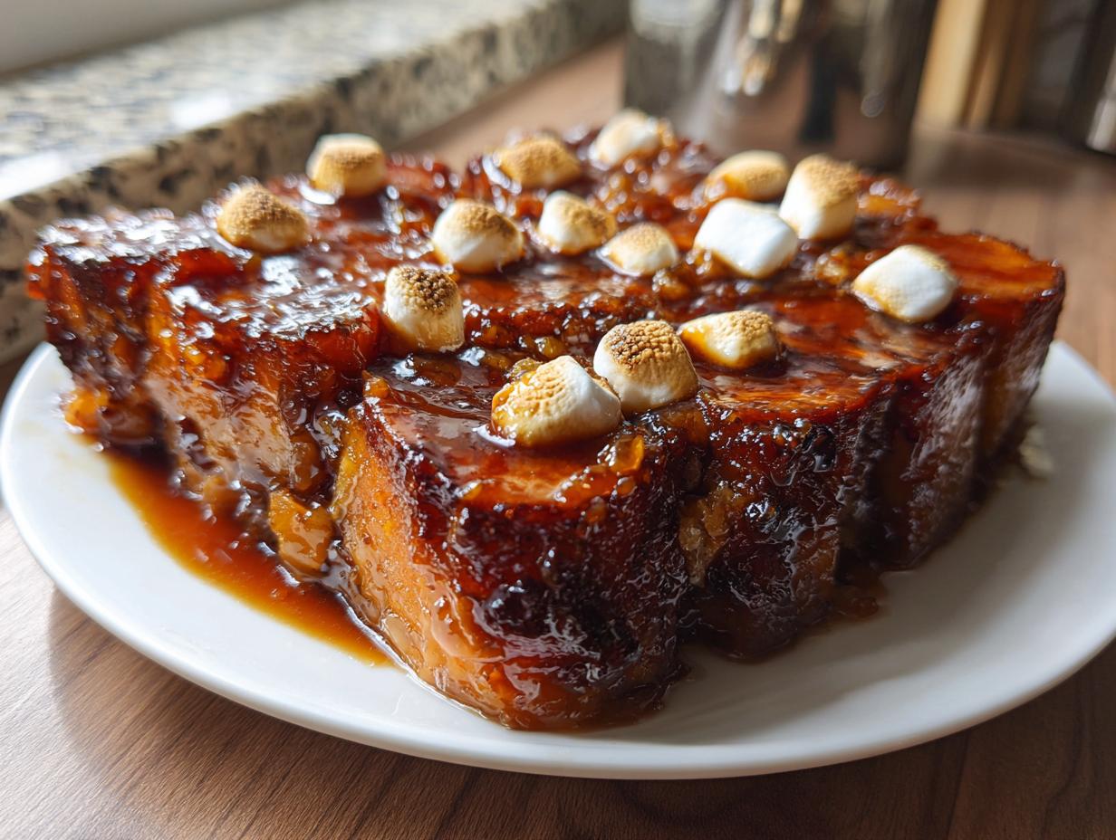 A rich, glossy serving of candied yams covered in a dark glaze and topped with toasted mini marshmallows.