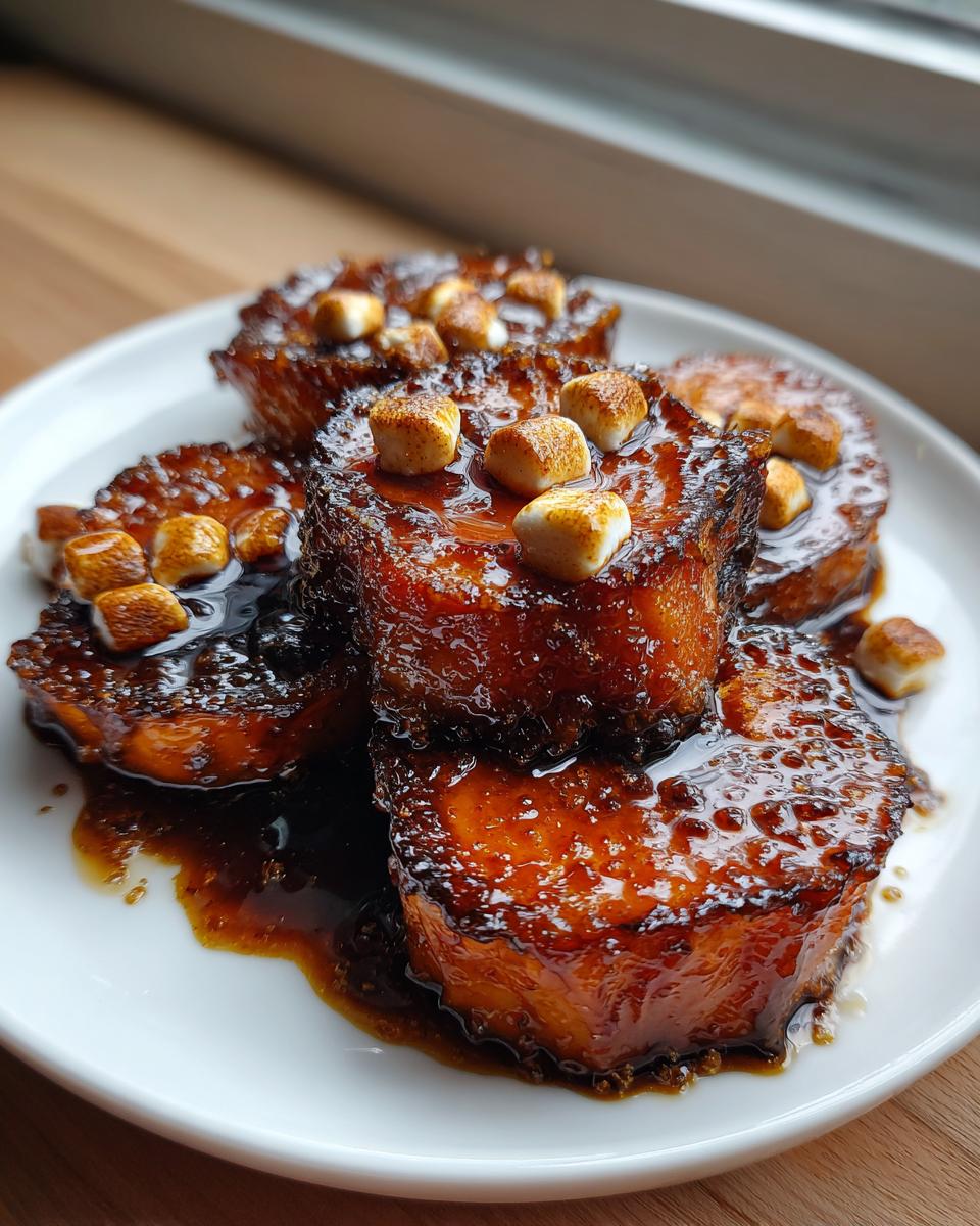 Close-up of thick, glazed slices of candied yams topped with toasted mini marshmallows on a white plate.