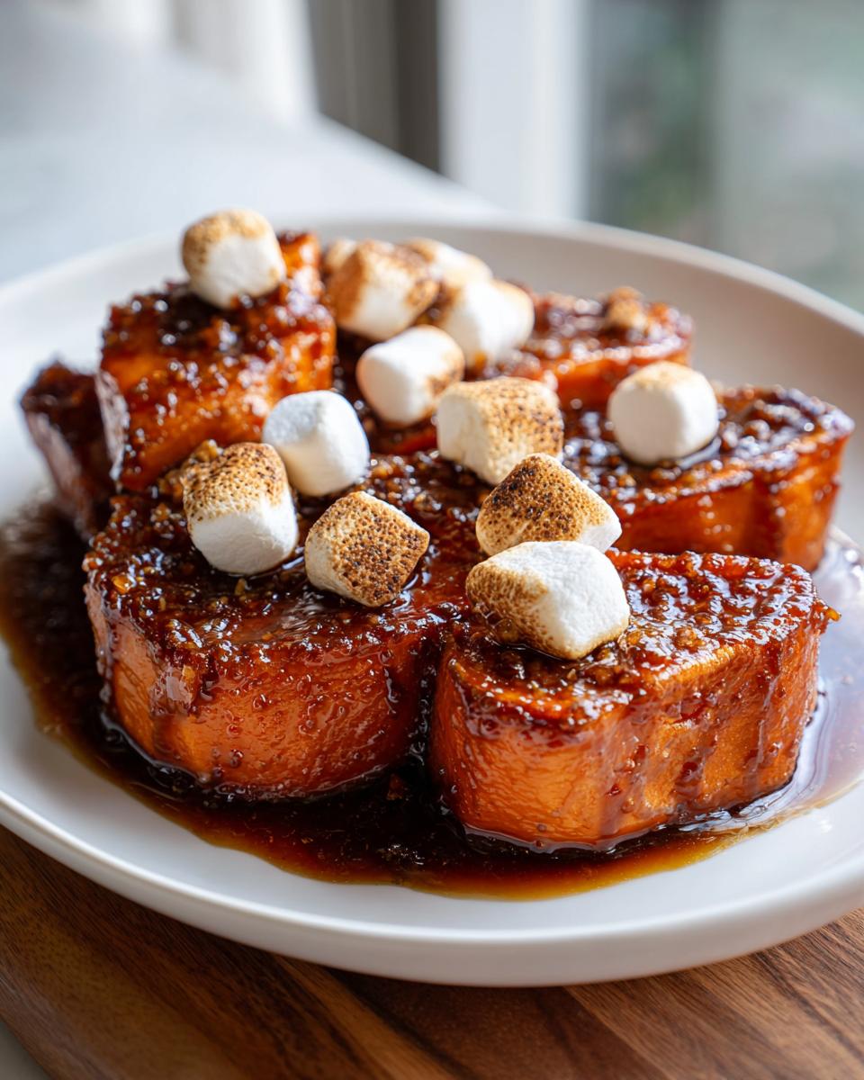 Thick slices of amazing candied yams covered in a dark, rich glaze and topped with toasted mini marshmallows.
