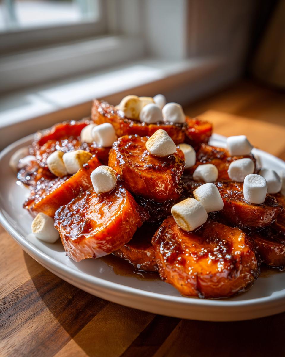 A close-up of thick-cut candied yams covered in a rich, dark glaze and topped with toasted mini marshmallows.