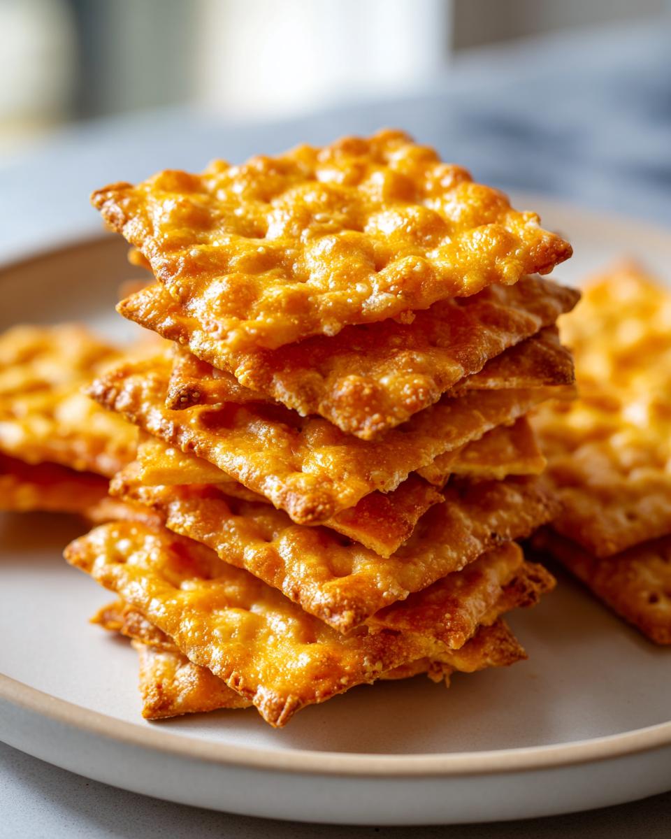 A tall stack of golden brown, crispy, homemade cheese crackers resting on a light plate.