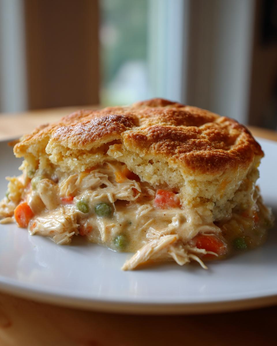A close-up serving of chicken pot pie casserole with a golden biscuit topping overflowing with creamy chicken, carrots, and peas.