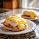 Close-up of a perfectly prepared eggs benedict featuring a poached egg, ham, and rich hollandaise sauce on an English muffin.
