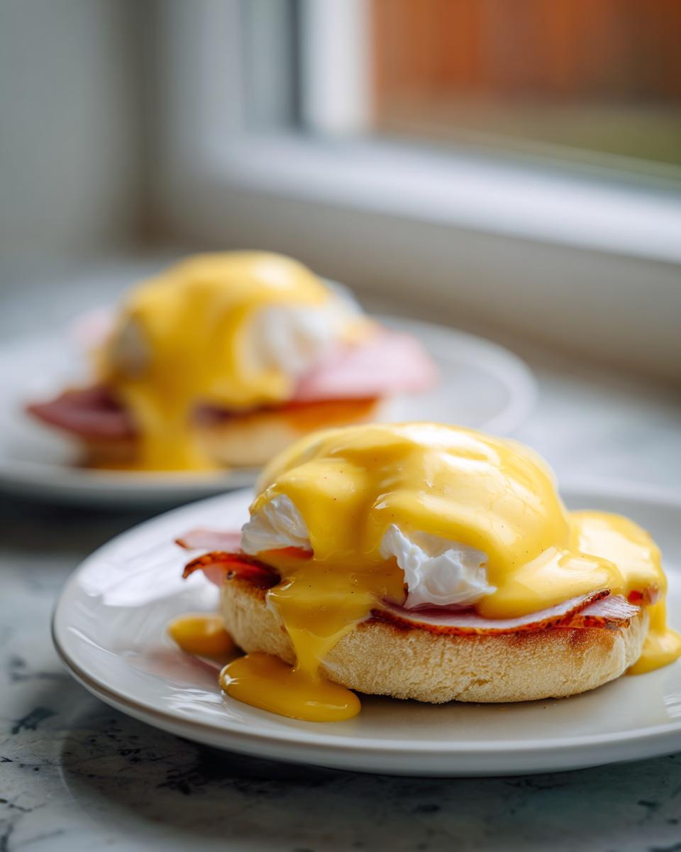 Close-up of a delicious eggs benedict featuring a poached egg, ham, and rich hollandaise sauce dripping down an English muffin.
