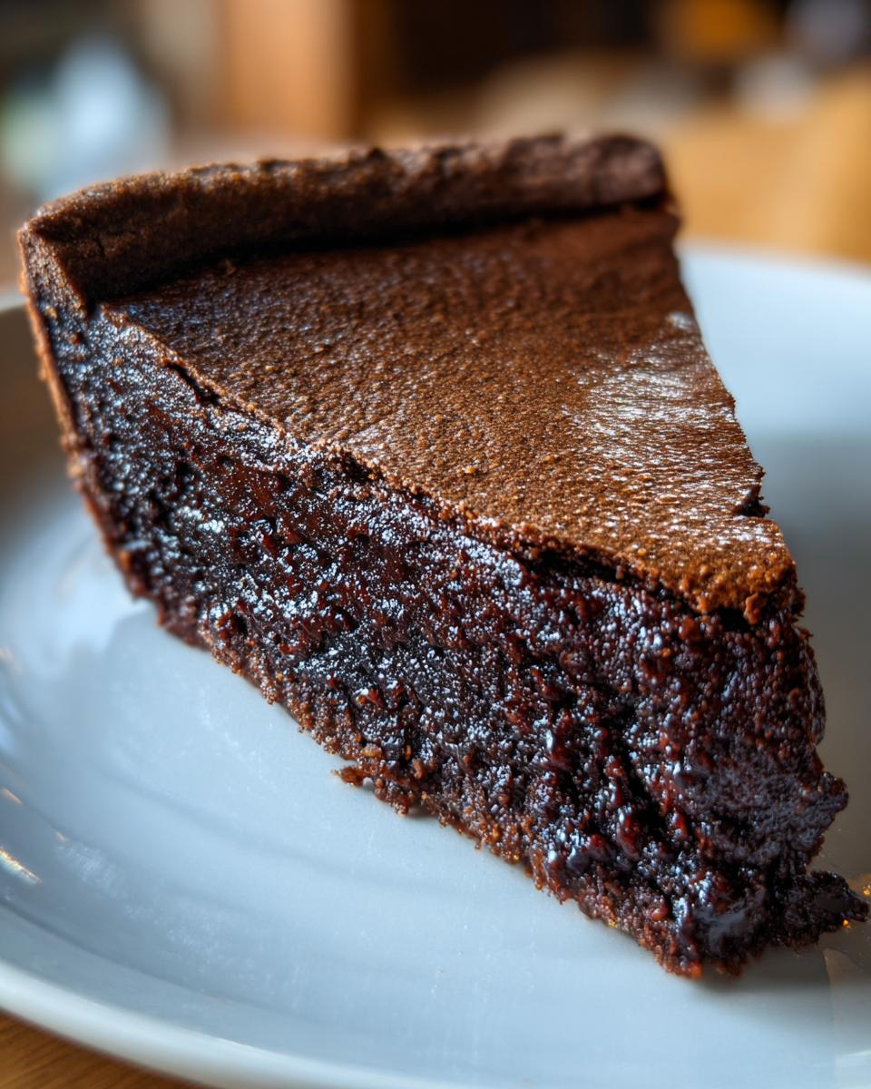 Close-up of a rich, gooey slice of amazing fudge pie dusted with cocoa powder on a white plate.