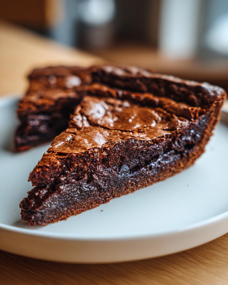 Close-up of a gooey, rich slice of amazing fudge pie with a cracked chocolate top.