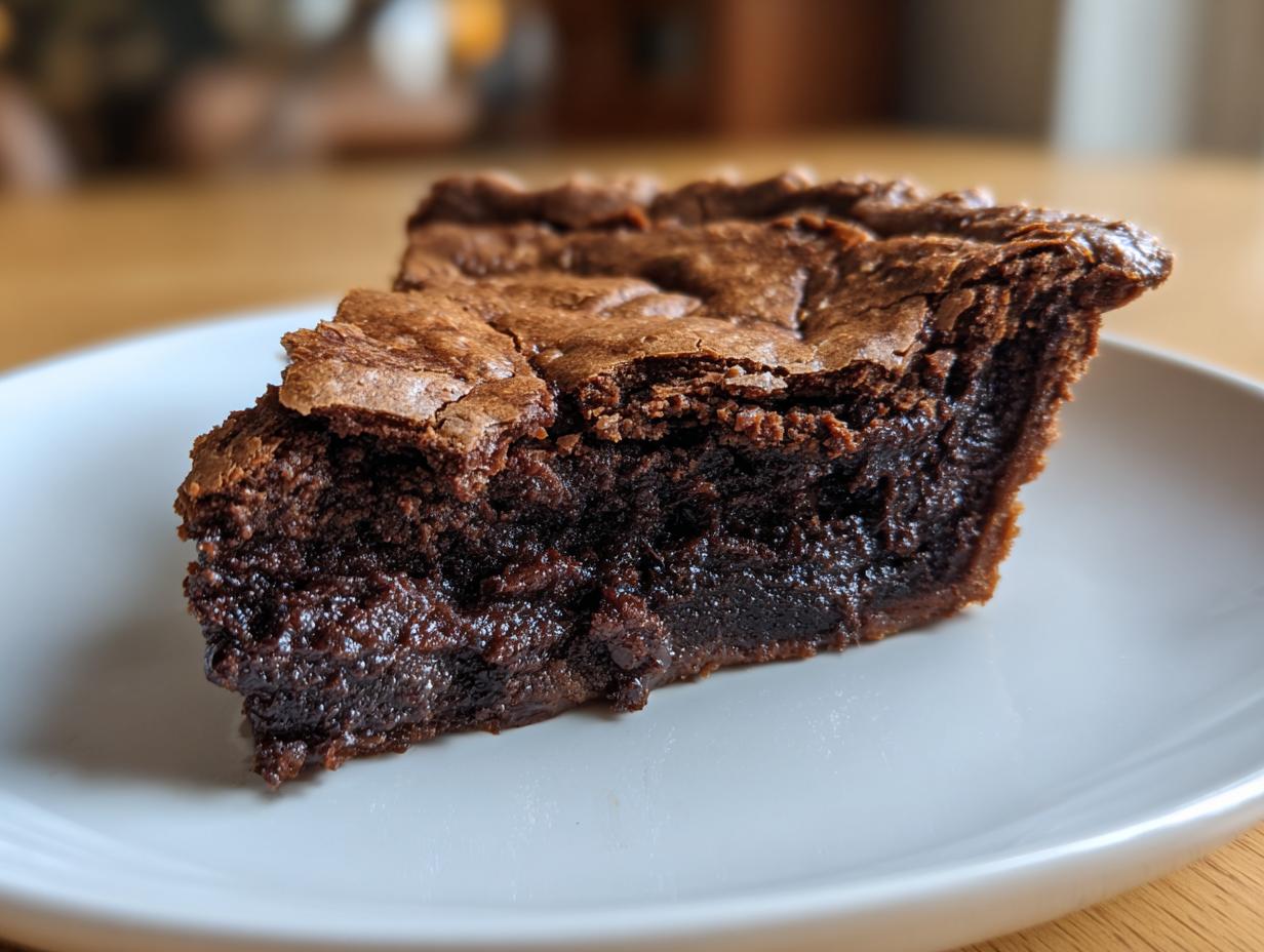Close-up of a single slice of amazing fudge pie showing its rich, gooey chocolate center and cracked top.