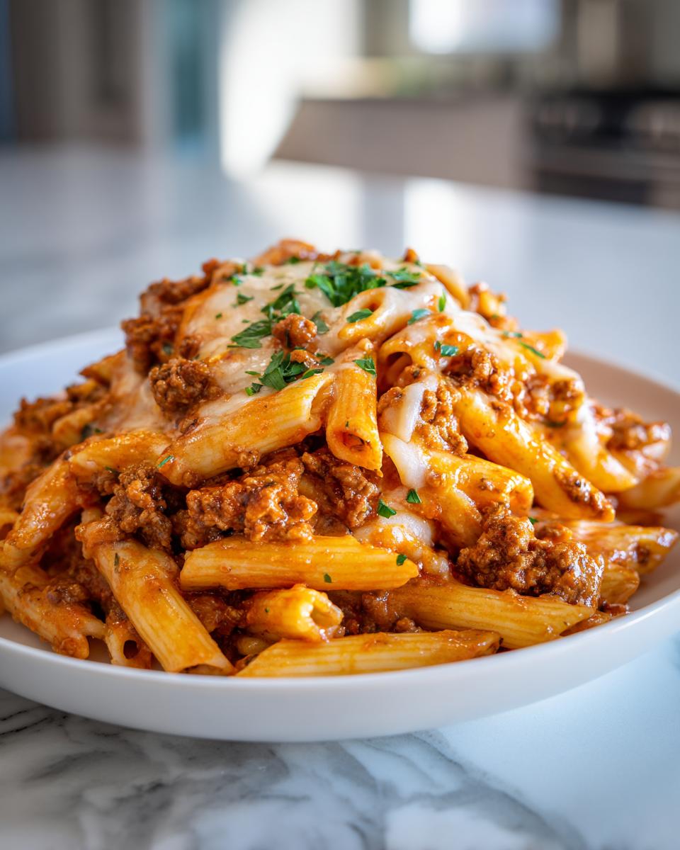 A close-up of a generous serving of amazing ground turkey pasta with penne, rich sauce, and melted cheese, garnished with parsley.