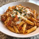 A close-up of baked ground turkey pasta topped with melted mozzarella cheese and fresh parsley.