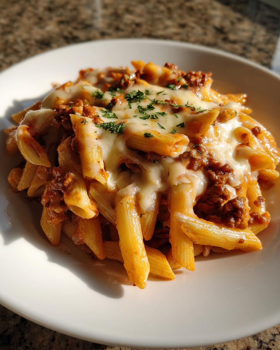 Close-up of a serving of amazing ground turkey pasta featuring penne coated in sauce and topped with melted mozzarella cheese and parsley.