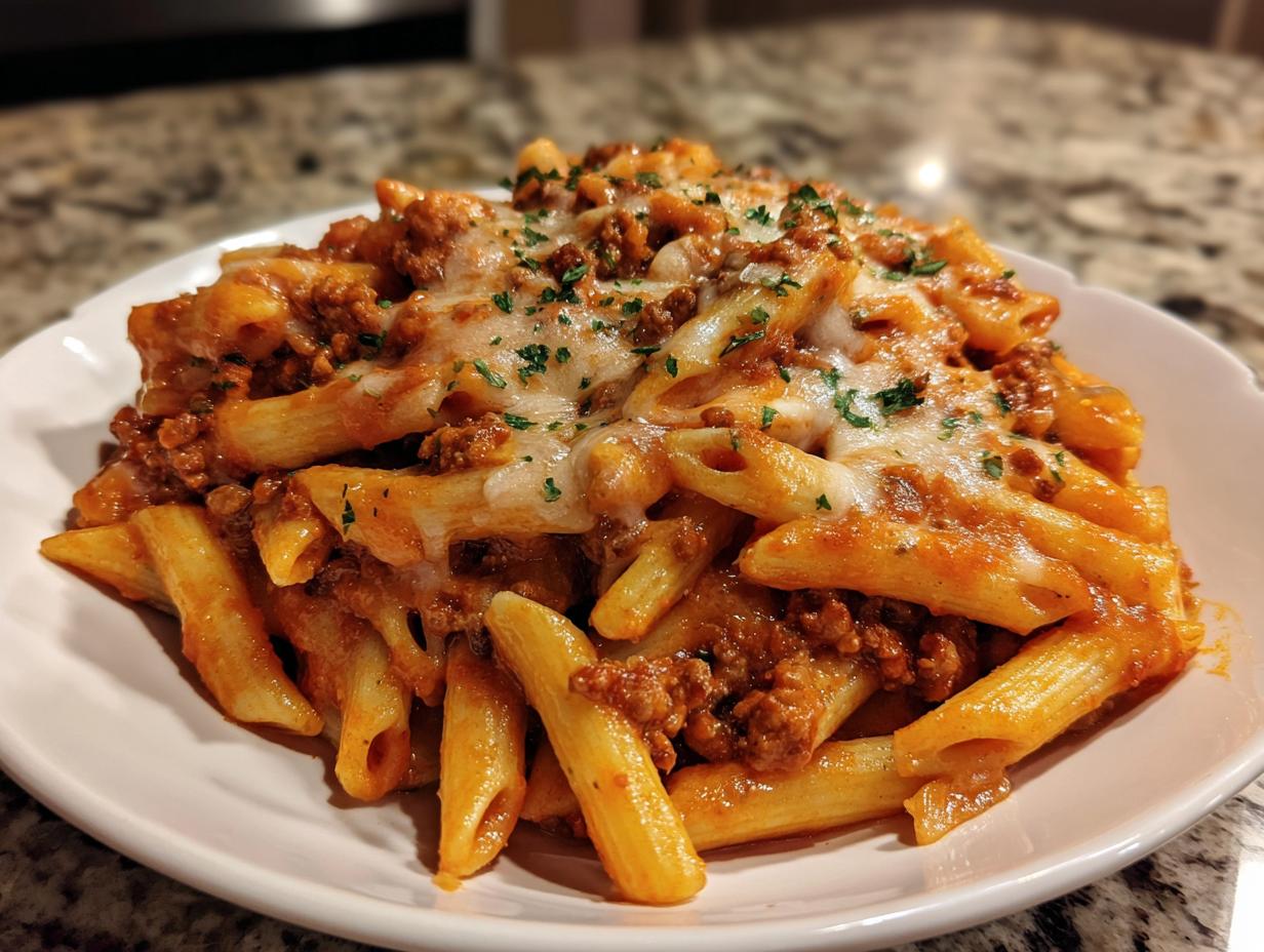 A close-up of a serving of amazing ground turkey pasta with penne, rich meat sauce, and melted mozzarella cheese.