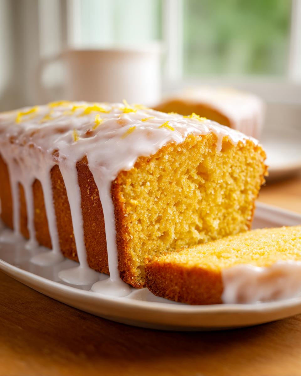 Close-up of a moist, yellow lemon loaf drizzled with white glaze and topped with lemon zest.