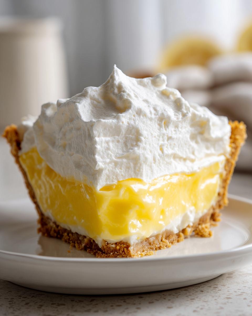 Close-up of a thick slice of lemon pie featuring a graham cracker crust, bright yellow filling, and tall whipped cream topping.