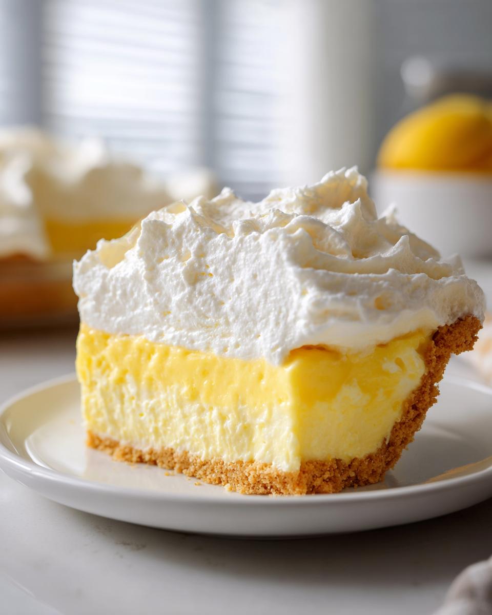 Close-up of a thick slice of lemon pie with a graham cracker crust and tall topping of whipped cream.