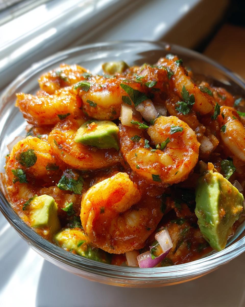 Close-up of a glass bowl filled with vibrant Mexican shrimp cocktail featuring saucy shrimp, avocado chunks, and diced red onion.