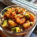 Close-up of a glass bowl filled with vibrant Mexican shrimp cocktail, featuring seasoned shrimp, diced avocado, and onions in a rich sauce.