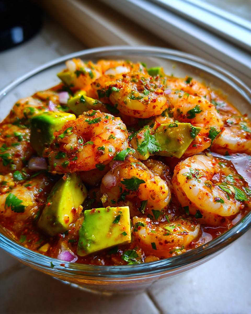 Close-up of a glass bowl filled with vibrant Mexican shrimp cocktail, featuring seasoned shrimp, chunks of avocado, and red onion.