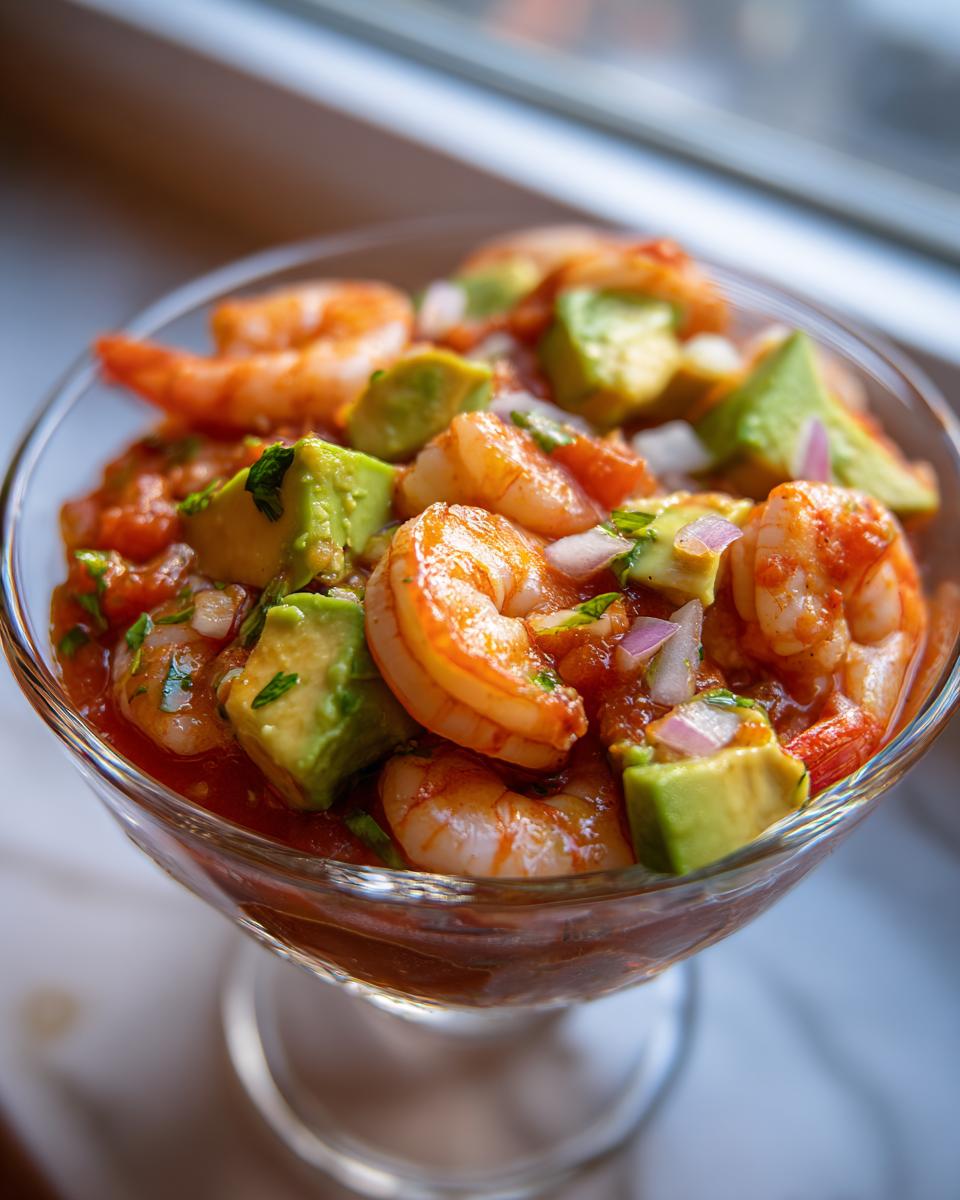 Close-up of vibrant mexican shrimp cocktail featuring plump shrimp, avocado chunks, and red onion in a cocktail glass.