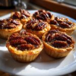A plate of six shiny, golden-brown pecan tassies topped with whole pecans, ready to eat.