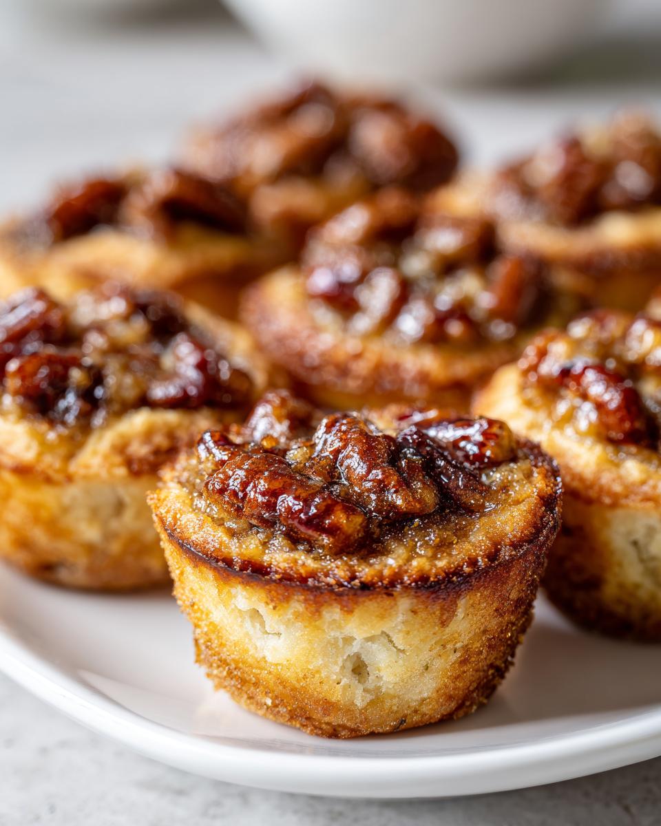 Close-up of several golden brown pecan tassies with sticky, caramelized pecan topping served on a white plate.
