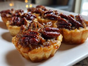 Close-up of several shiny, glazed pecan tassies with flaky crusts arranged on a white serving dish.