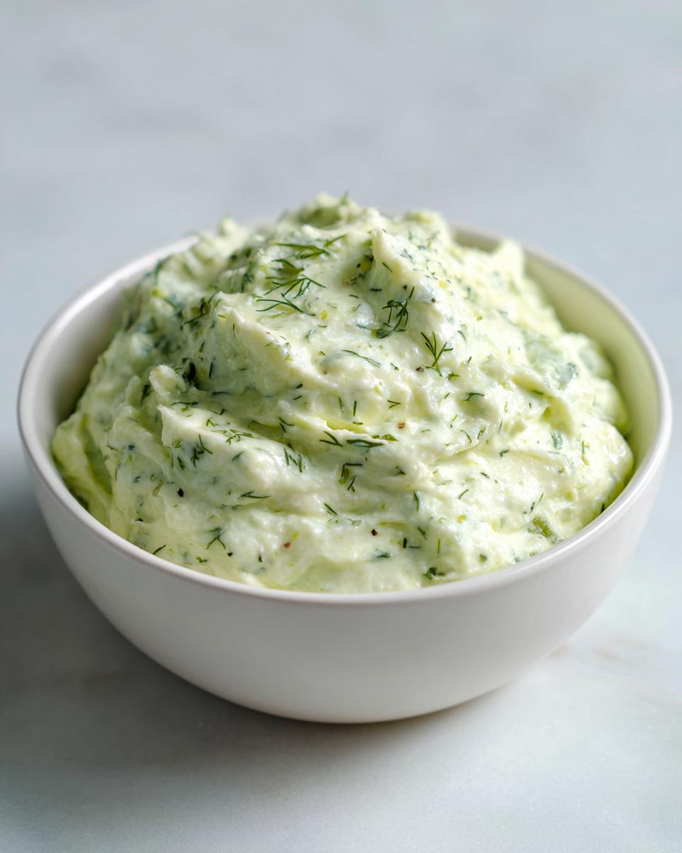 A close-up of a fluffy, pale green pickle dip mixed with fresh dill, served in a white bowl.