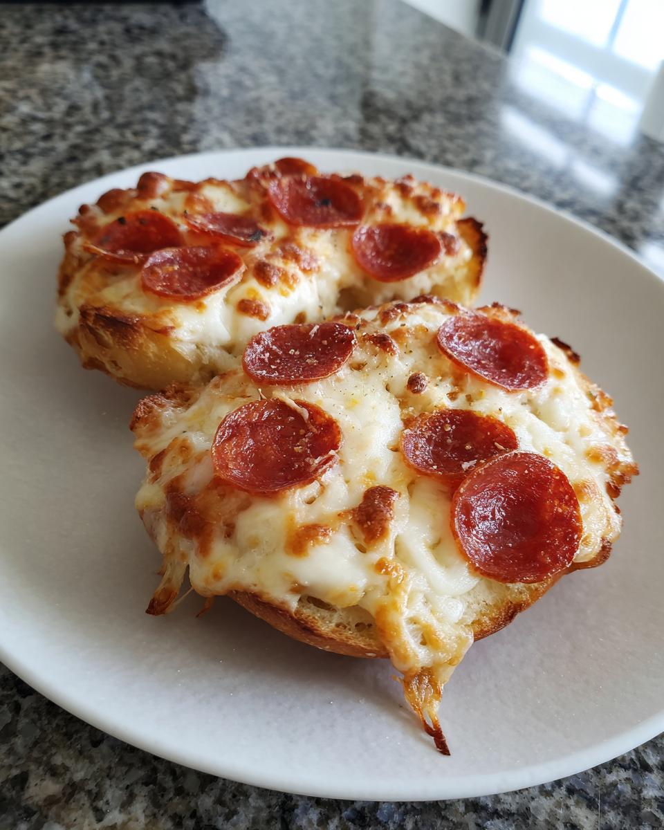 Two perfectly melted pepperoni pizza bagels served on a white plate, showing gooey cheese and crispy edges.