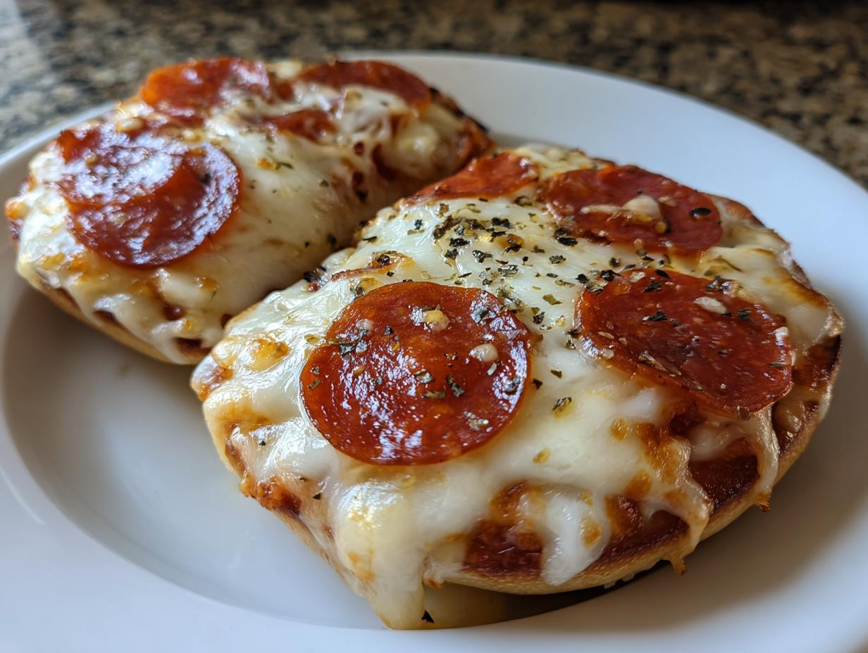 Close-up of two freshly baked pepperoni pizza bagels topped with melted mozzarella and herbs on a white plate.