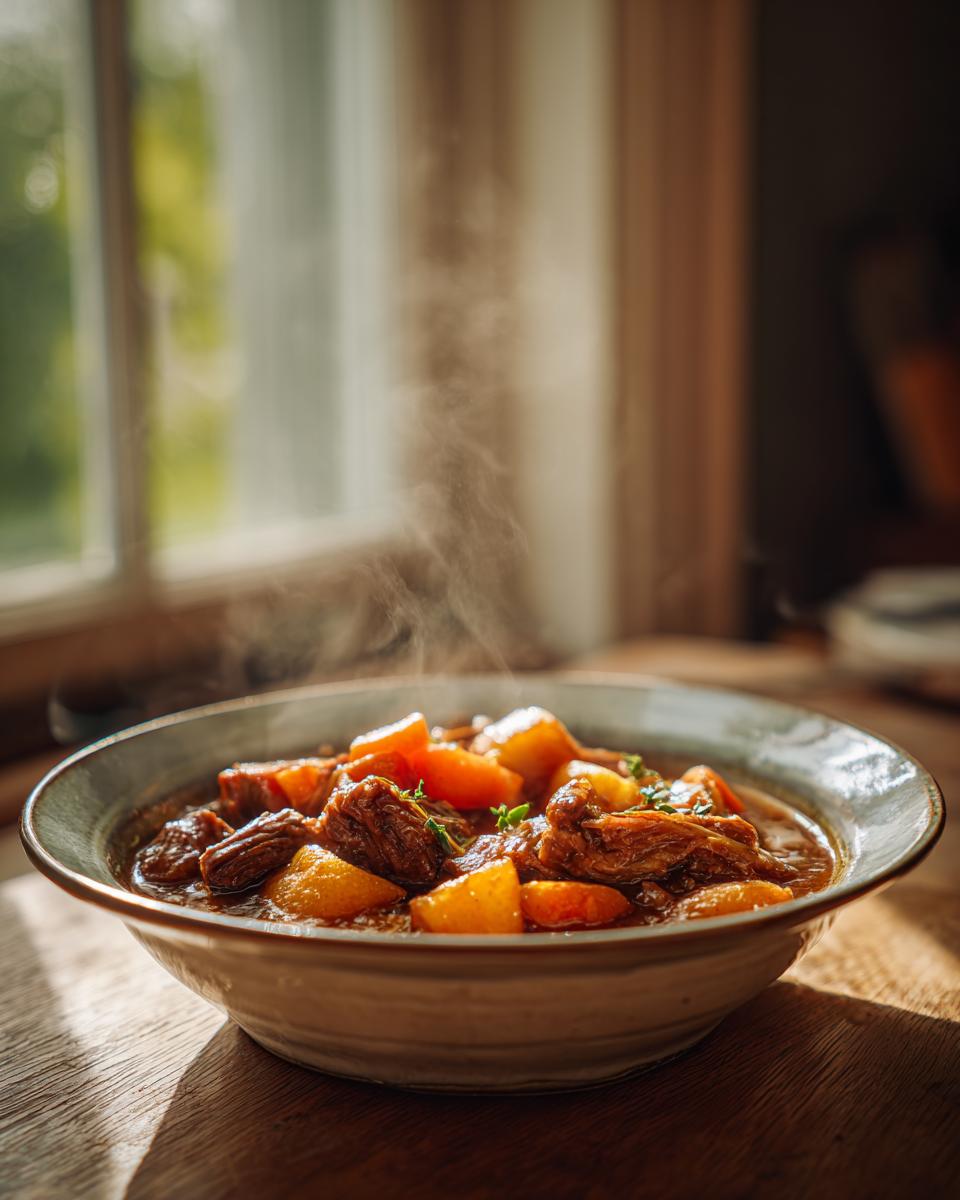 Close-up of a steaming bowl of rich, dark pork stew featuring tender meat chunks and bright orange root vegetables.