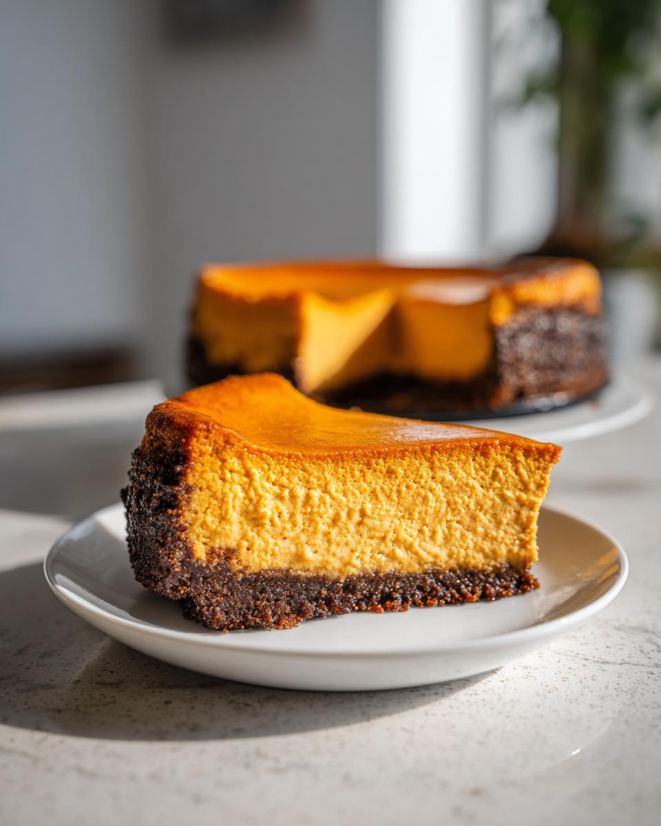 A thick slice of bright orange pumpkin cheesecake with a dark chocolate crust served on a white plate.