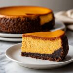 A decadent slice of pumpkin cheesecake featuring a rich orange filling and a thick, dark chocolate crust.