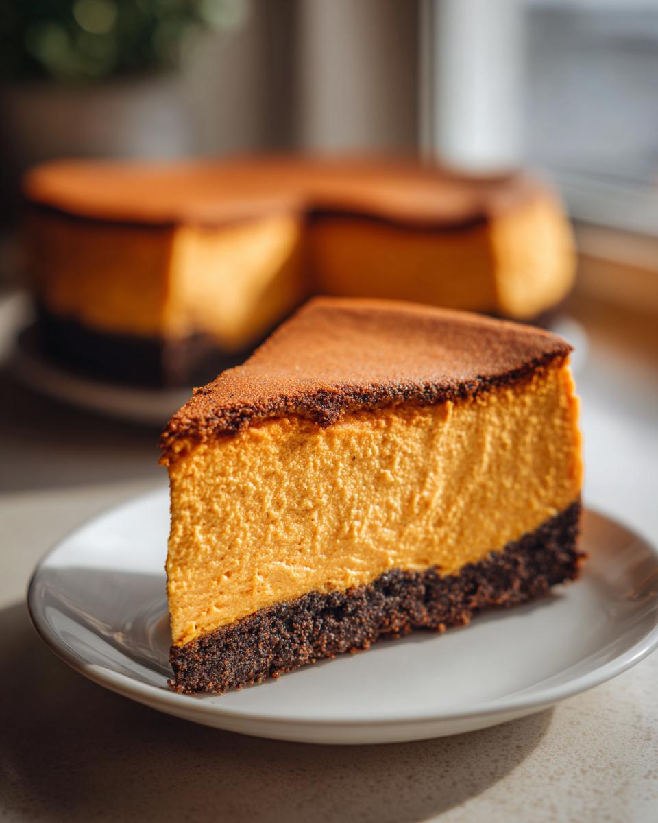 A thick slice of rich orange pumpkin cheesecake with a dark chocolate crust on a white plate.