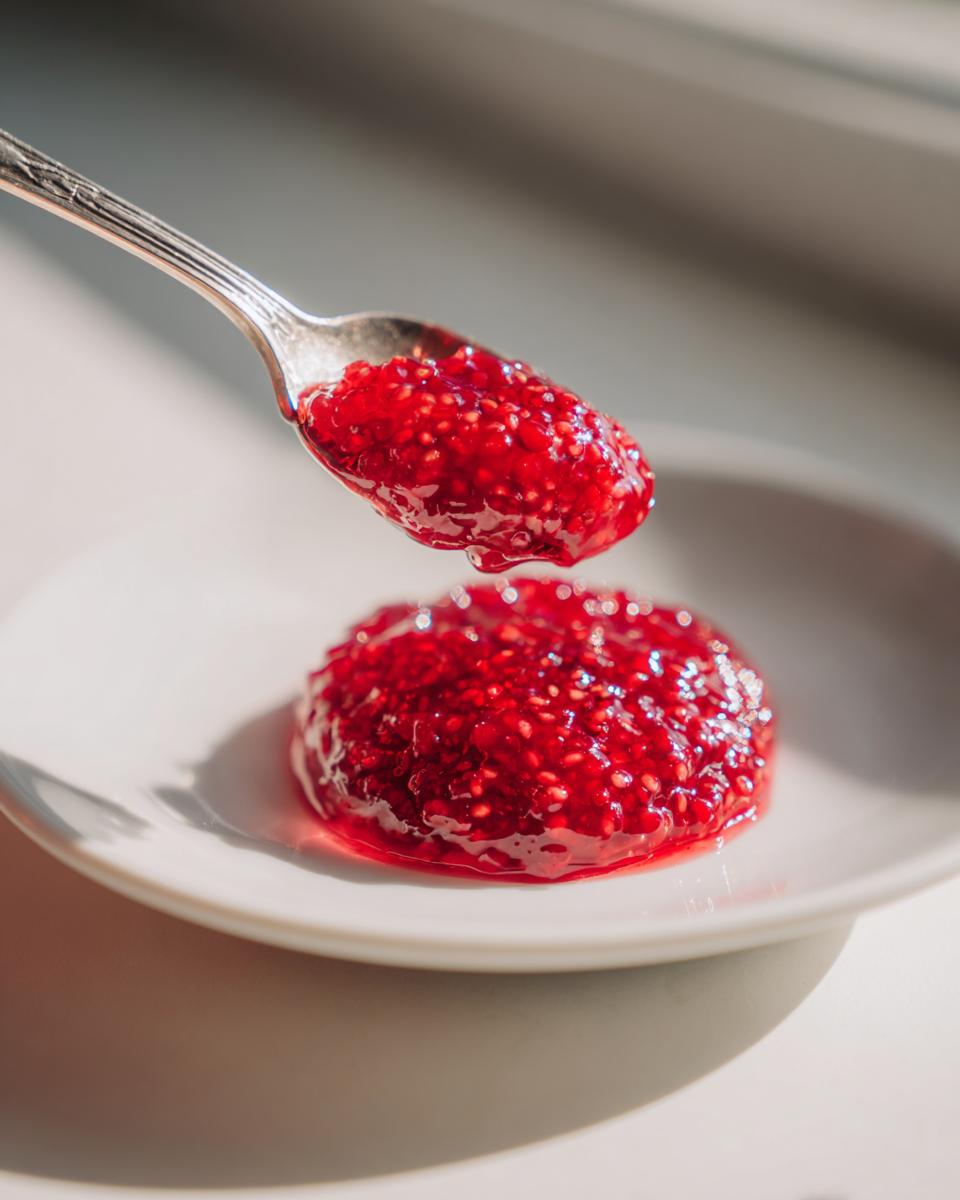 A silver spoon lifts a dollop of bright red, textured raspberry jam above a small puddle of the same raspberry jam on a white plate.