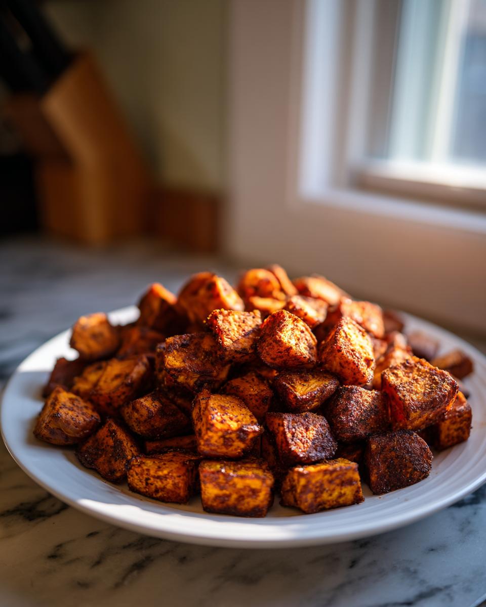A pile of perfectly seasoned and caramelized roasted sweet potatoes cubes served on a white plate.